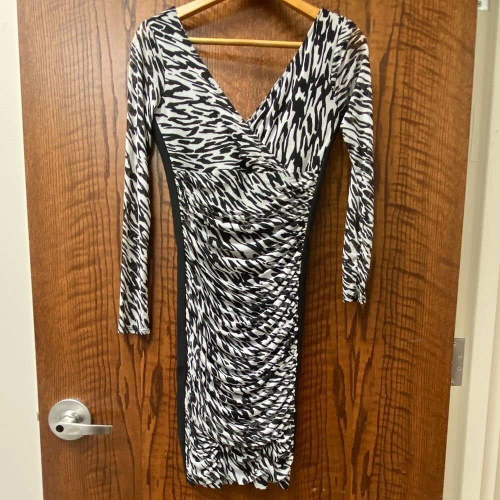 White House Black Market zebra print mesh overlay v neck bodycon mini dress
